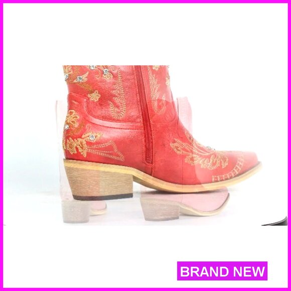 Rhinestone Embroidered Ankle Cowboy Boots Chunky Heel Western Booties Side - Picture 7 of 7